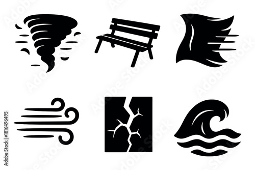 Silhouette icons of natural disasters and a park bench