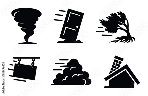 Vector black icons: tornado, door, tree, swing, cloud, house