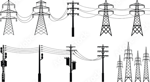 Electrical power transmission towers and utility poles, high voltage power lines, electricity infrastructure silhouettes, energy distribution network vector illustration