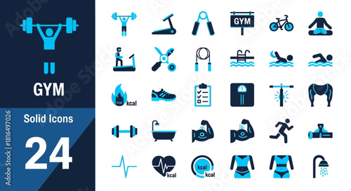 A collection of sleek solid icons representing gym equipment, fitness activities, and health monitoring symbols for web and mobile design