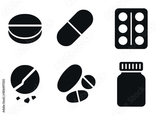 Black silhouettes of different medicine forms on dark background