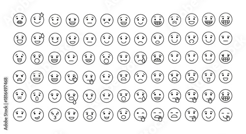 Wide array of sleek outline emoji icons depicting various human emotions, moods, and communicative gestures, ideal for digital media and user experience designs