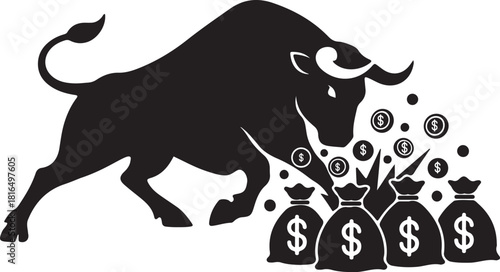 Bull market success icon: dynamic financial growth and investment prosperity symbol with dollar signs and money bags, vector art