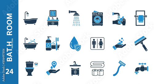 Bathroom icons set, representing various elements and functionalities of a bathroom, including hygiene and cleaning