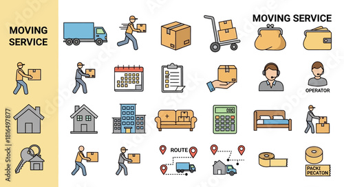 Comprehensive collection of modern vector line icons representing moving and relocation services, logistics, packing, and home delivery processes, ideal for business and lifestyle applications