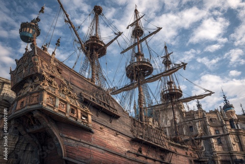 Majestic wooden sail ship docked at historic port under cloudy sky