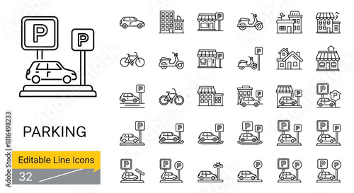 Set of Parking Icons Car, Sign, and More for Urban Navigation and Transportation Design