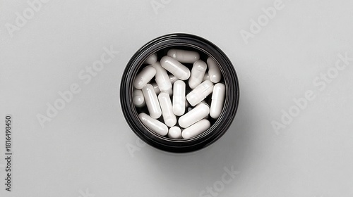 Top view of open container filled with white capsules on gray background