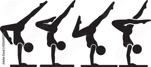 Four gymnasts performing handstands on apparatus silhouette