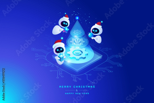 AI Technology Christmas and New Year greeting card - Funny AI assistants in Santa hats decorating digital Christmas tree - vector illustration with beautiful gradient blue purple background