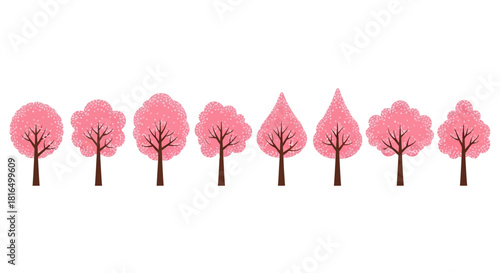 Collection of Pink Cherry Blossom Trees Isolated on White Background for Design or Decoration