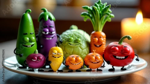 Funny cartoon vegetable characters with happy faces dancing on white plate. Cute animated cucumber, tomato, eggplant, carrot and cabbage with googly eyes in playful healthy eating concept for kids edu