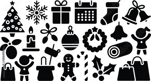 Christmas holiday icon set with trees, reindeer, snowflakes, gifts.