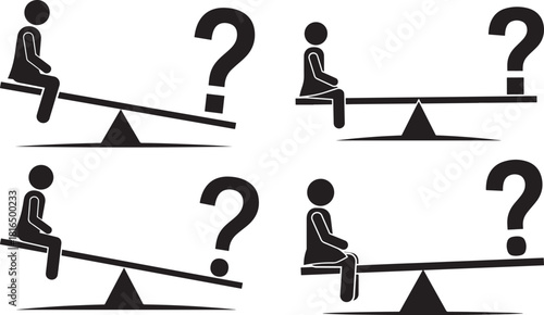 Four silhouette figures on seesaws with question marks silhouette
