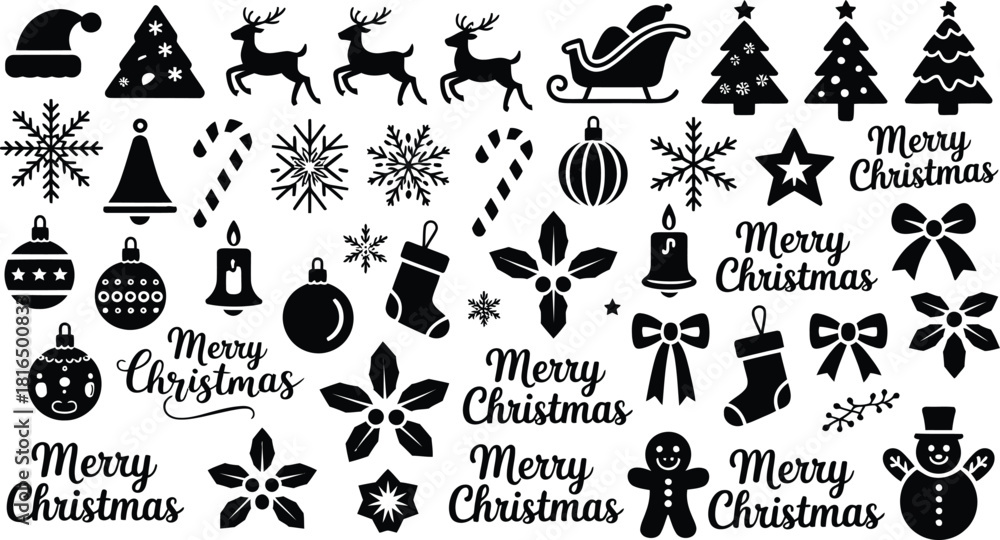 Naklejka premium Christmas vector icon set: decorations, reindeer, snowman, santa, text.