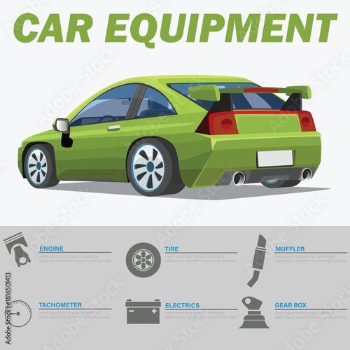 Car Equipment Infographic with Green Sports Coupe Illustration. detailed digital vector illustration presenting a clear infographic about essential car equipment.