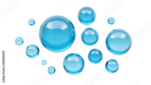 Translucent blue bubbles create visually appealing arrangement, showcasing various sizes and reflections. vibrant color adds refreshing touch