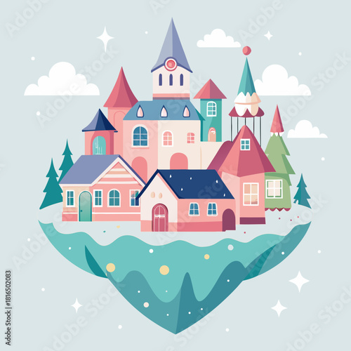 Whimsical floating castle illustration with vibrant colors and dreamlike clouds