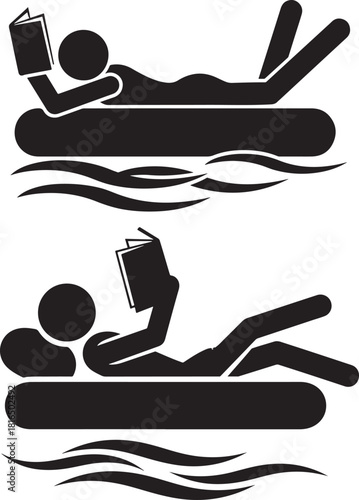 Two people reading books while relaxing on inflatables in water silhouette