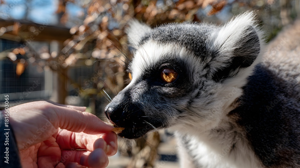 Obraz premium A persons hand carefully feeds a cute ring-tailed lemur.