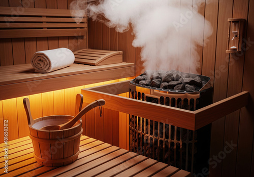 Modern wooden sauna room with steam rising from electric heater stones and water bucket