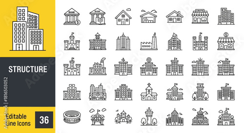 Modern collection of sleek editable line icons featuring diverse architectural buildings and structures for urban design, real estate, and government themes
