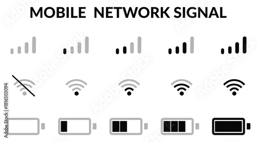 Mobile network signal, wi-fi, battery icon. Mobile phone bar status icon. Smartphone battery charge level, Wi-Fi signal strength icon, and network connection levels isolated transparent background.