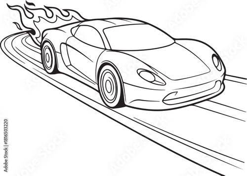 Speeding sports car outline illustration with flames on a winding road, dynamic racing vehicle graphic design element.