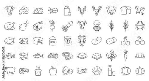 Comprehensive collection of minimalist line art icons featuring essential food items, fresh ingredients, and grocery products for various dietary and culinary applications