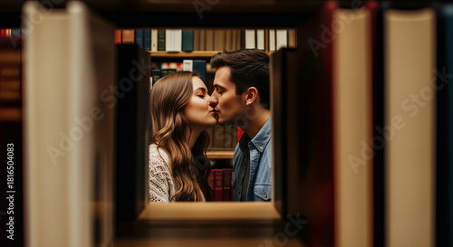 Romantic couple kissing intimately framed by bookshelves, capturing a tender moment of connection and affection, ideal .Concept for Love and Valentines Day celebration.