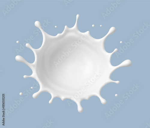 Milk splash isolated on blue background. Natural dairy product in crown splash with flying drops. Realistic Vector illustration