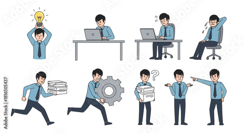 Cartoon businessman showing work stress, solutions and ideas in office settings, symbolizing problem solving, workload management and employee performance