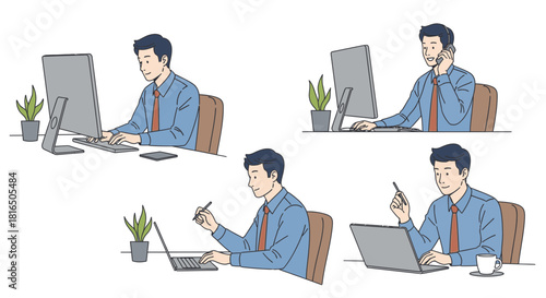 Professional man at desk working on computer, communicating on phone, and planning business strategy, perfect for illustrating modern office life