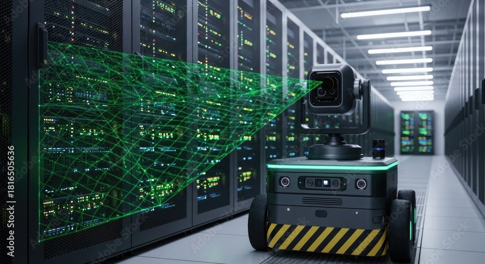 Fototapeta premium Modern robot inspecting server room with laser scan, ensuring data security and optimizing IT infrastructure