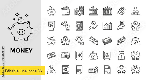 Collection of Line Icons Illustrating Financial Concepts Money, Banking, and Investments