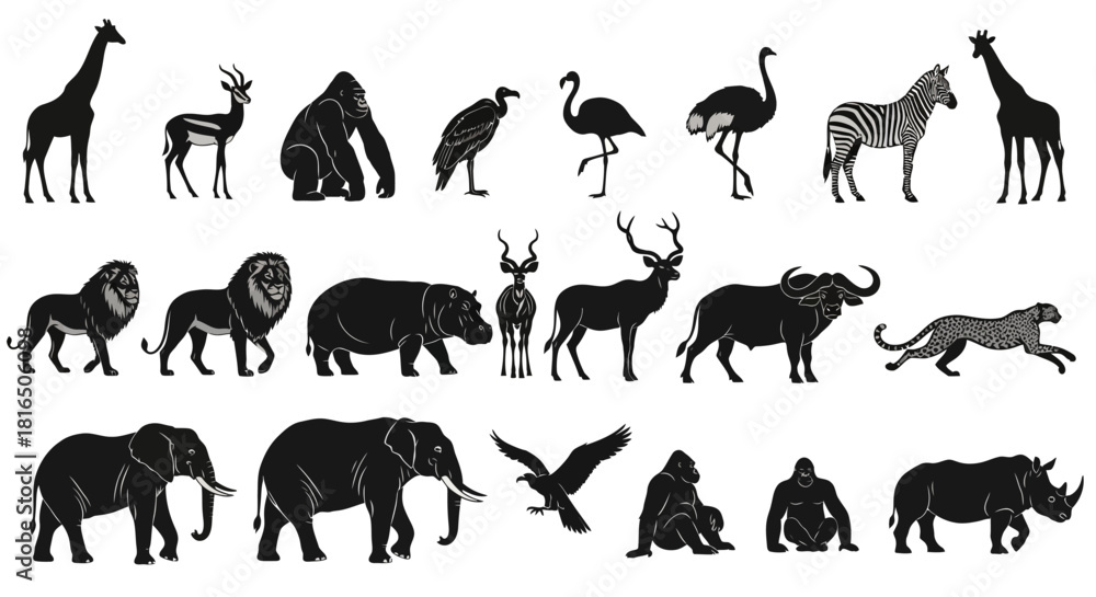 Obraz premium Dynamic Collection of Wildlife Silhouette Vectors Iconic African Safari Animals, Majestic Birds, and Primates for Diverse Design and Educational Resource Creation
