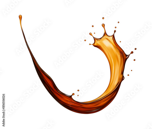 Realistic splash of tea, coffee, Cola or whiskey with drops. Vector illustration