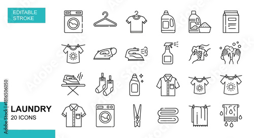 Sleek line art vector icons depicting essential laundry day tasks, including washing, drying, ironing, and garment care tools, perfect for cleaning services and household apps