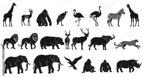Dynamic Collection of Wildlife Silhouette Vectors Iconic African Safari Animals, Majestic Birds, and Primates for Diverse Design and Educational Resource Creation