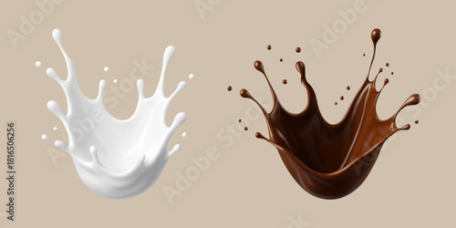 Milk and chocolate splashes. Milkshake and melted choco. Realistic vector illustration