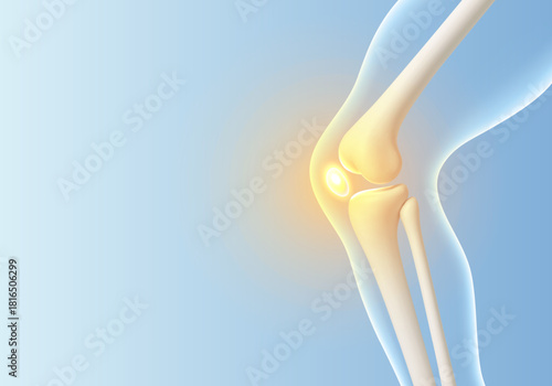 3D knee pain visualization. Leg bones with yellow inflammation glow at joint area. Biological and medical concept. Vector illustration