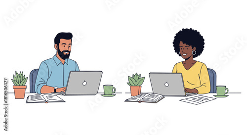 Diverse team collaborating online, man and woman working on laptops, sharing ideas, modern professional workspace, remote work success, startup culture