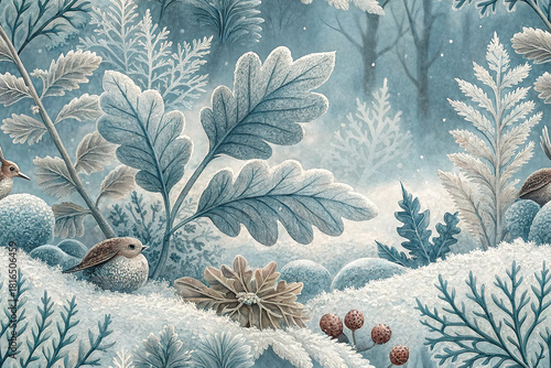 Winter fairy forest with birds, berries, and large frosty leaves in a watercolor style.