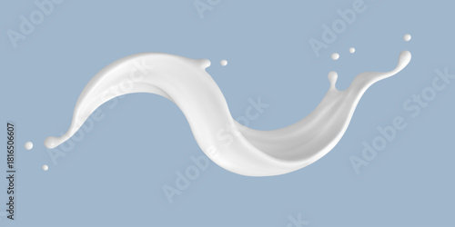 Realistic milk splash wave on blue background. Vector dairy concept