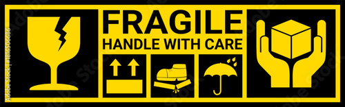 fragile warning set in black and yellow. sticker for packaging. handle with care, keep dry, this side up label. yellow sign label