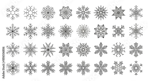 Diverse collection of intricate winter snowflake icons, showcasing a variety of unique geometric designs ideal for festive projects, seasonal decor, and graphic elements