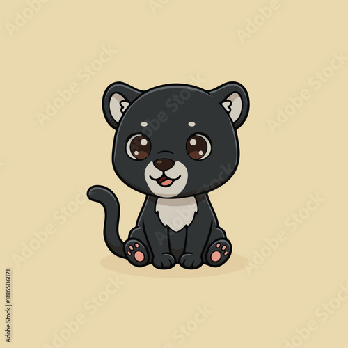 Cute cartoon black panther cub sitting with a happy expression. Adorable baby wild cat illustration perfect for kids books, stickers, posters, nursery decor, and educational materials.