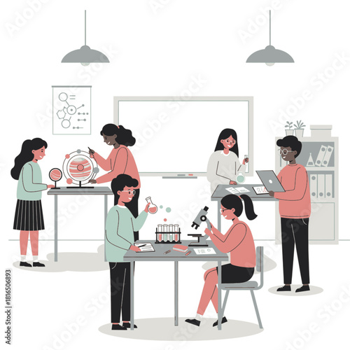 Diverse students actively engaged in various science experiments and learning activities in a modern classroom laboratory setting.