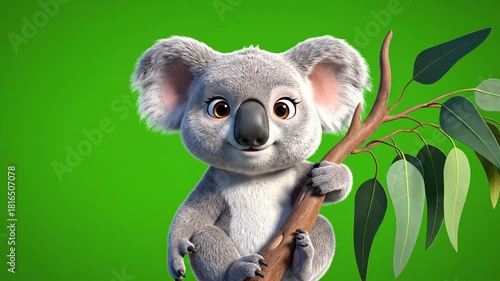 Cute Koala Cartoon Character Waving Hello on Green Screen.