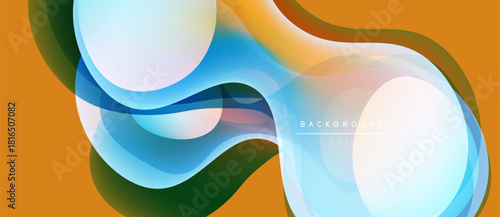 Abstract fluid shapes, vibrant colors blend. Dynamic composition creates modern visual impact. Orange backdrop enhances flowing forms.